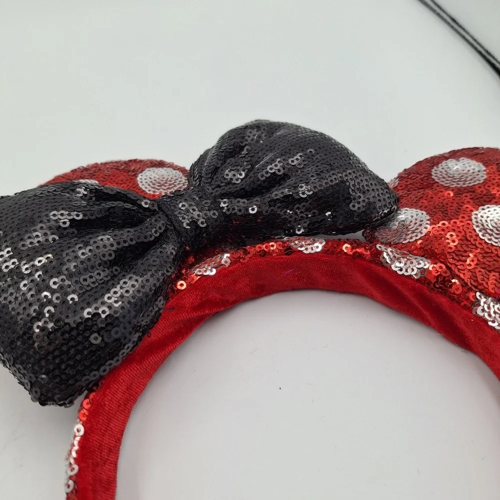 Lot of 2 Disney Parks Minnie Mouse Sequin Ear Headbands Red Polka Dot & Silver